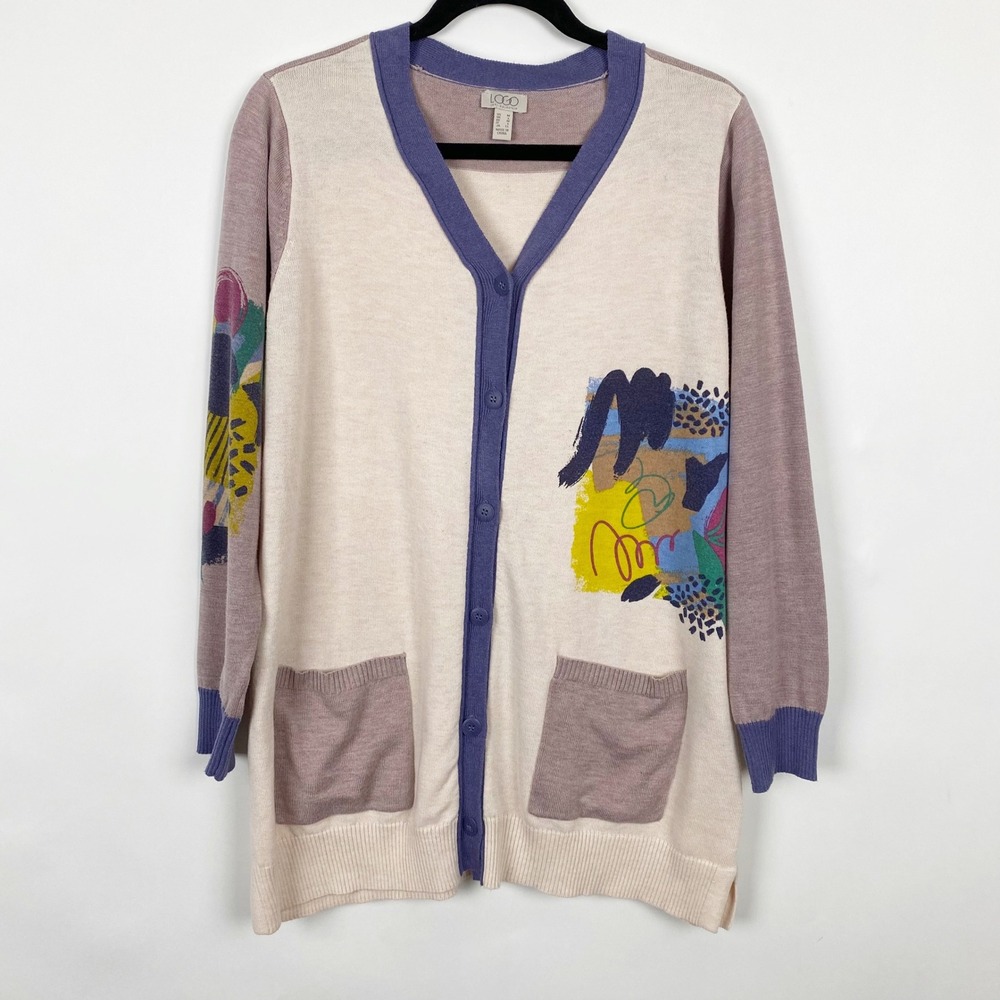 LOGO Lori Goldstein Louisa Abstract Graphic Colorblock‎ Cardigan Womens M